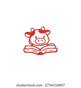 A stylized red cow peeks over an open book.
