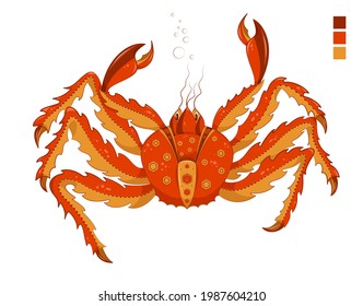 Stylized red crab, Kamchatka crab with a beautiful precious shell. Cartoon style. Vector illustration.