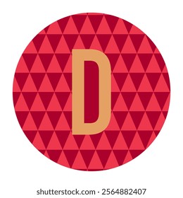 Stylized red D letter in a geometric triangle-patterned circular design with subtle gold accents, ideal for modern branding, artistic logos, and elegant decorative projects.