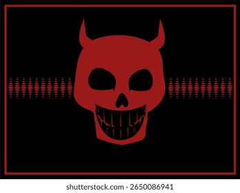 a stylized red devil-like skull with horns and a wide, grinning mouth, centrally placed on a solid black background. 