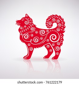 stylized red dog with ornament on a light background