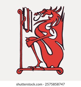 Stylized red dragon illustration, featuring a dragon with wings and a long tail. The dragon is perched, showcasing its mythical and fantasy-themed design. Vintage illustration isolated, vector.