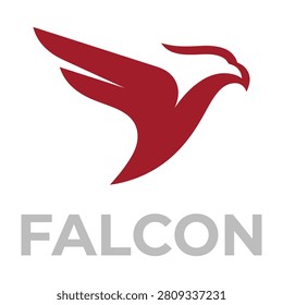 A stylized red falcon bird in flight on a white background with the word Falcon