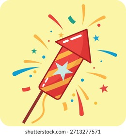 A stylized red firework with yellow stripes and a white star on a pale yellow background, surrounded by colorful stars and sparks.