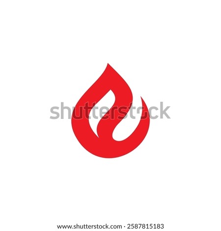  A stylized red flame or fire symbol, depicted as a rounded shape with a curled, pointed tip, isolated on a clean white background letter e