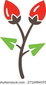 Stylized red flower buds on a brown stem with green leaves plant leaf