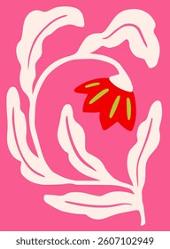 Stylized red flower with cream leaves and green accents shown in a flat, abstract graphic style on a vibrant pink background. Concept of modern floral art. Vector illustration