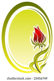Stylized red flower with green frame isolated on a white background.