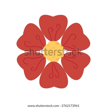 A stylized red flower with heart-shaped petals in a flat style on a white background, symbolizing beauty and nature in a clean minimal concept. Hand-drawn vector illustration
