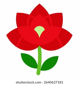 A stylized red flower icon, isolated on a white background. Suitable for various design applications needing a simple floral element.