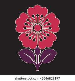 Stylized red flower with purple leaves and cream outline on black backgroun
