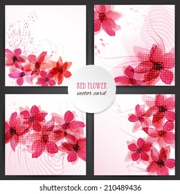 Stylized red flowers. Abstract floral background. Set of 4 cards