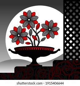 Stylized red flowers in a black vase. Vector illustration. 
