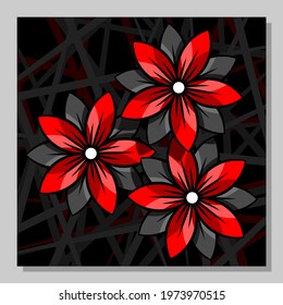 Stylized red flowers on an abstract background. Wall art, poster design. 