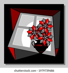 Stylized red flowers in a vase at the window. Abstract wall art, poster design. 