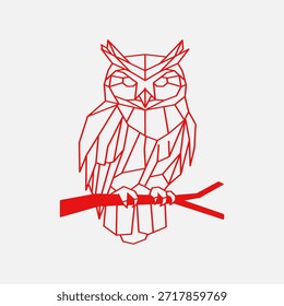 Un búho geométrico rojo estilizado, representado con líneas afiladas y Formas poligonales, se posa con gracia en una rama simple contra un fondo limpio y minimalista.