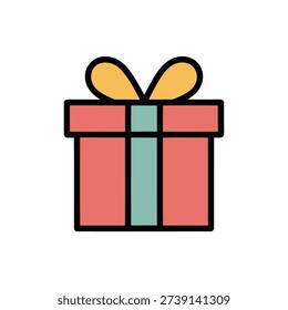 Stylized red gift box with teal ribbon and yellow bow