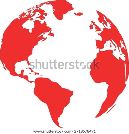 Stylized red globe showing continents on a white background, simple graphic design