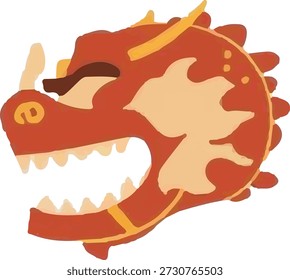 Stylized red and gold mythical dragon head illustration with an open mouth and sharp fangs, embodying a fierce legendary creature design for cultural and fantasy themes