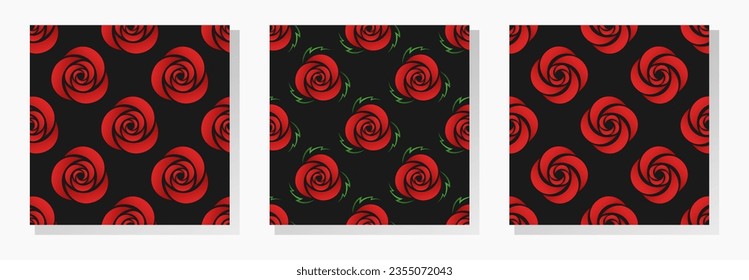 Stylized red gradient rose flowers and green leves on black background. Vector seamless pattern collection.