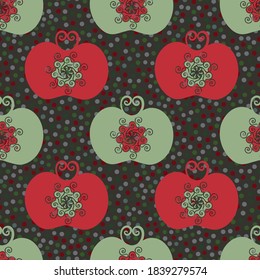Stylized red and green apple seamless vector pattern background. Luxury orchard fruit in Jacobean style on polka dot textured brown backdrop. Folk art Baroque design style. Historical all over print