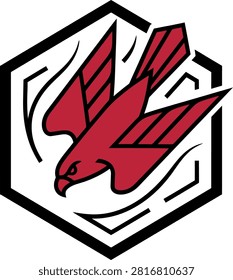 Stylized red hawk in dynamic flight within a hexagonal frame, symbolizing speed and agility