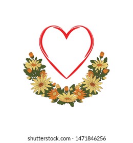 Stylized red heart decorated with a multi-colored flower garland on a white background. Vector illustration.