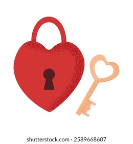 Stylized red heart lock with key, grunge texture. Element for Valentine's day concept. Love icon. Symbol of love and security. Vector illustration