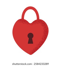 Stylized red heart lock with keyhole, grunge texture. Element for Valentine's day concept. Love icon. Symbol of love and security. Vector illustration