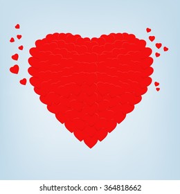 Stylized red heart made of small heart shapes. Greeting card design template. 14 February, Valentine day, love concept design element. Vector Blurred Soft Background.