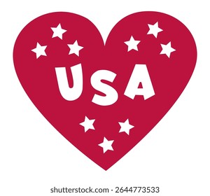 Stylized red heart representing love for the USA, adorned with white stars and bold lettering, perfect for patriotic designs and celebrations honoring national pride and independence