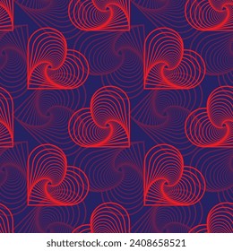 Stylized red heart seamless pattern on blue background. St Valentine's vector illustration.