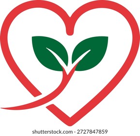 Una forma de corazón rojo estilizado con dos hojas verdes simétricas unidas en el centro aisladas sobre fondo transparente