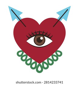 A stylized red heart symbol featuring a realistic human eye at the center, pierced by two blue arrows and decorated with a green beaded necklace on a white background.