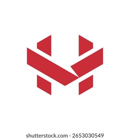Um hexágono vermelho estilizado formado por linhas abstratas, criando um "M" conceitual ou formas entrelaçadas.