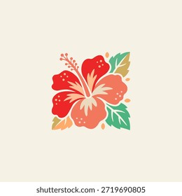 Ilustración vectorial de flores de hibisco rojo estilizado con hojas verdes y estética de diseño plano retro. Florecimiento floral tropical aislado en fondo beige para la decoración de vacaciones de verano y temas de naturaleza.