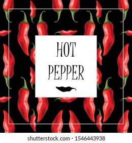 Stylized red hot peppers with the text "hot pepper". Banner, poster, wrapping paper, sticker, print, label, modern textile design, promotional material. Vector illustration. 