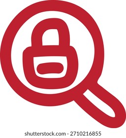 Um ícone vermelho estilizado que combina uma lupa e um cadeado, simbolizando a pesquisa de segurança, a proteção de dados ou a privacidade.