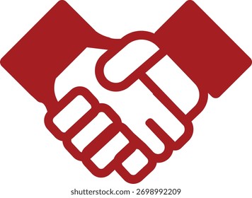 Um ícone vermelho estilizado com duas mãos tremendo, representando acordos, parcerias e negócios. Formato vetorial escalável adequado para mídia impressa e digital.