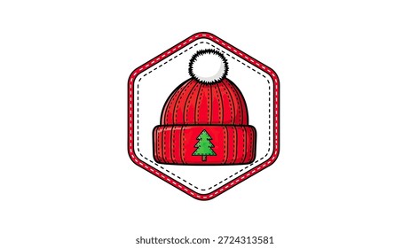 Gorro de punto rojo estilizado con un pompón y un emblema de árbol de Navidad, enmarcado en una insignia hexagonal con costuras decorativas. Perfecto para invierno y temas de vacaciones.