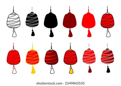 Stylized Red Lantern. Simple clipart set. Rounded paper lamp with tassel, different color variations, contour silhouette. Lunar New Year, street festival. Asian, oriental, design art elements, icons