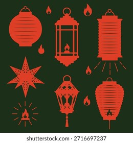 Linternas rojas estilizadas e íconos de llamas en verde oscuro, con diversas Formas y un acento con temática parisina, ideales para proyectos de diseño festivos, culturales o decorativos.