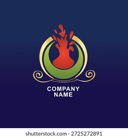 Estallido rojo estilizado de la lava dentro del marco circular para el emblema de la energía o de la compañía eléctrica