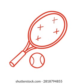 A stylized red line art illustration of a tennis racket and a tennis ball on a white background representing sports and leisure.