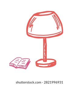 A stylized red line drawing featuring a classic table lamp beside an open book isolated on a white background