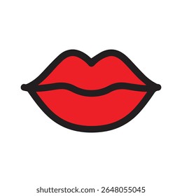 Stylized red lips with black outline on white background vector illustration