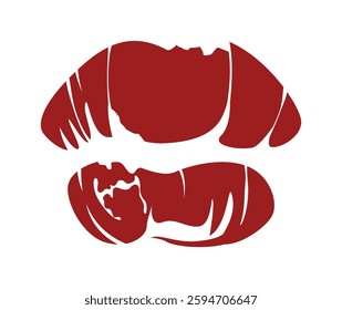 Stylized red lips print with an open mouth depicted in a minimalistic and artistic style on a white background. The design conveys passion, beauty, and sensuality. Vector illustration