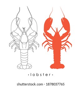 Stylized red lobster. Print, banner, label, poster, sticker, logo, promotional material. Vector illustration.