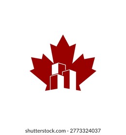 Stylized red maple leaf logo, real estate logo icon template vector, combination building with maple leaves, 