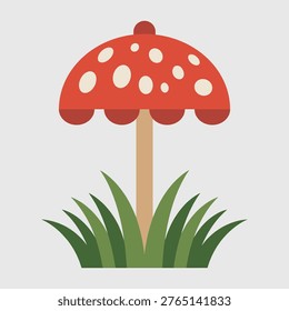 Stylized red mushroom with polka dots in green grass mushroom toadstool illustration